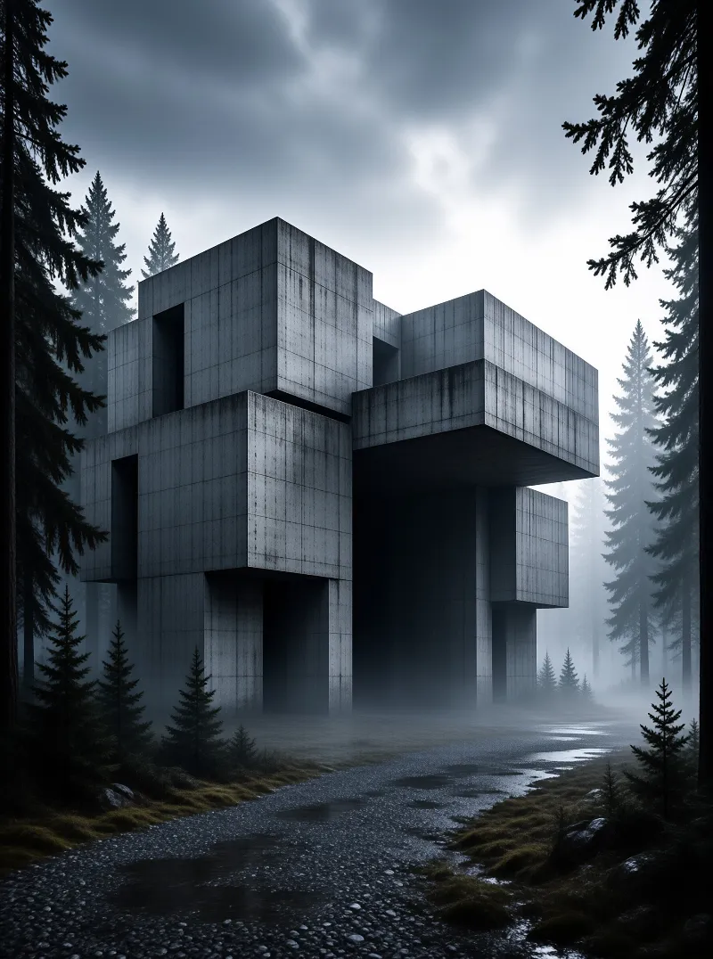 A massive brutalist edifice rises from the trees while thick fog rolls across the ground near a gravel stream.
