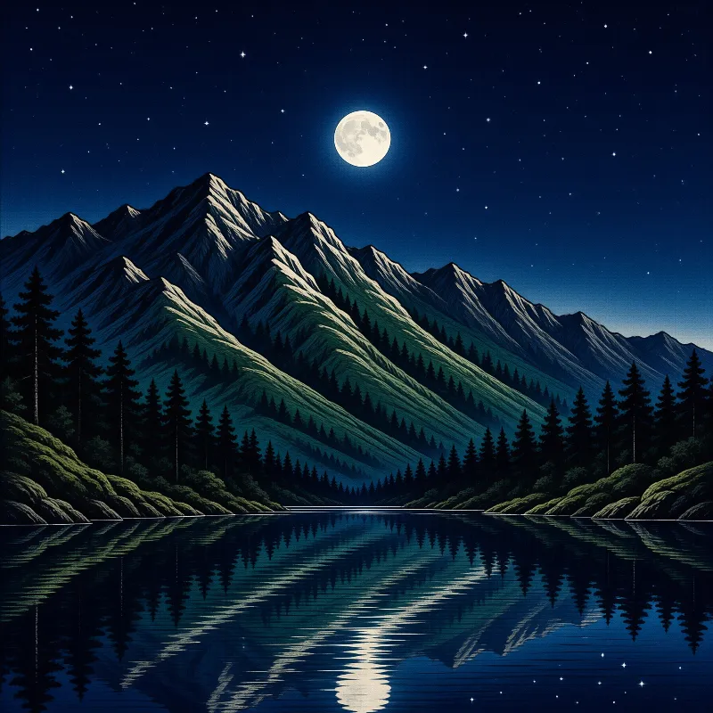 A stylized night scene shows snow-capped mountains and pine forest mirrored in a calm lake beneath a glowing moon