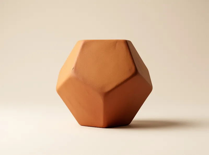 A faceted orange geometric object resting on a plain surface with soft directional shadows.