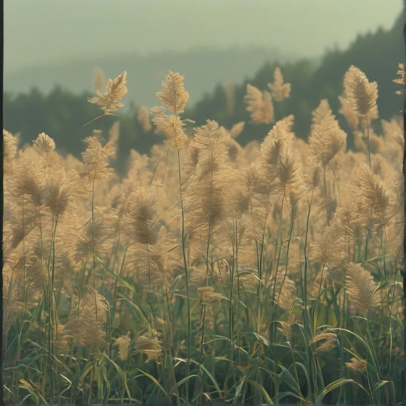 Tall reeds with golden tops rise above green leaves against a hazy tree line during soft morning hours.