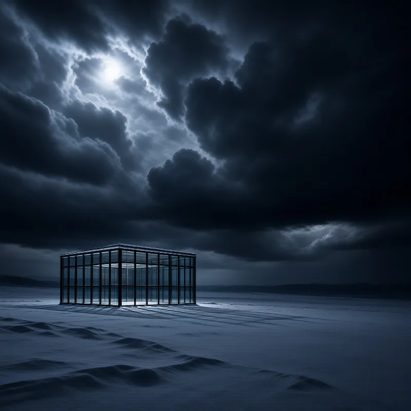 A minimalist glass-walled structure stands alone on rippled snow while the full moon breaks through heavy dark storm clouds.