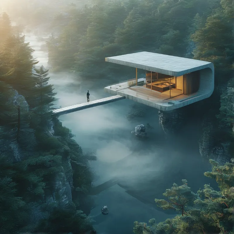 A concrete glass pavilion cantilevers off a cliff above a fog-filled forest valley, reached by a slender footbridge.