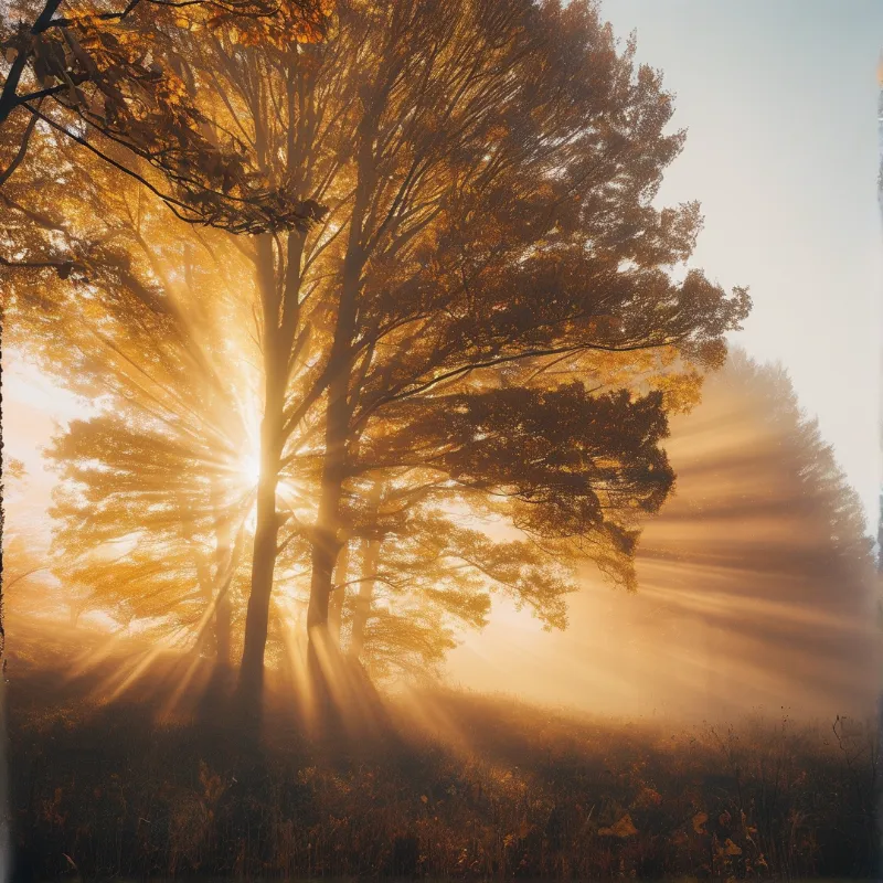 Golden sunbeams pierce through tall trees in a misty forest creating a warm ethereal atmosphere across the scene.