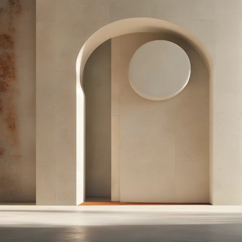 A minimalist beige interior features a large arched doorway containing a smaller round niche with soft shadows.