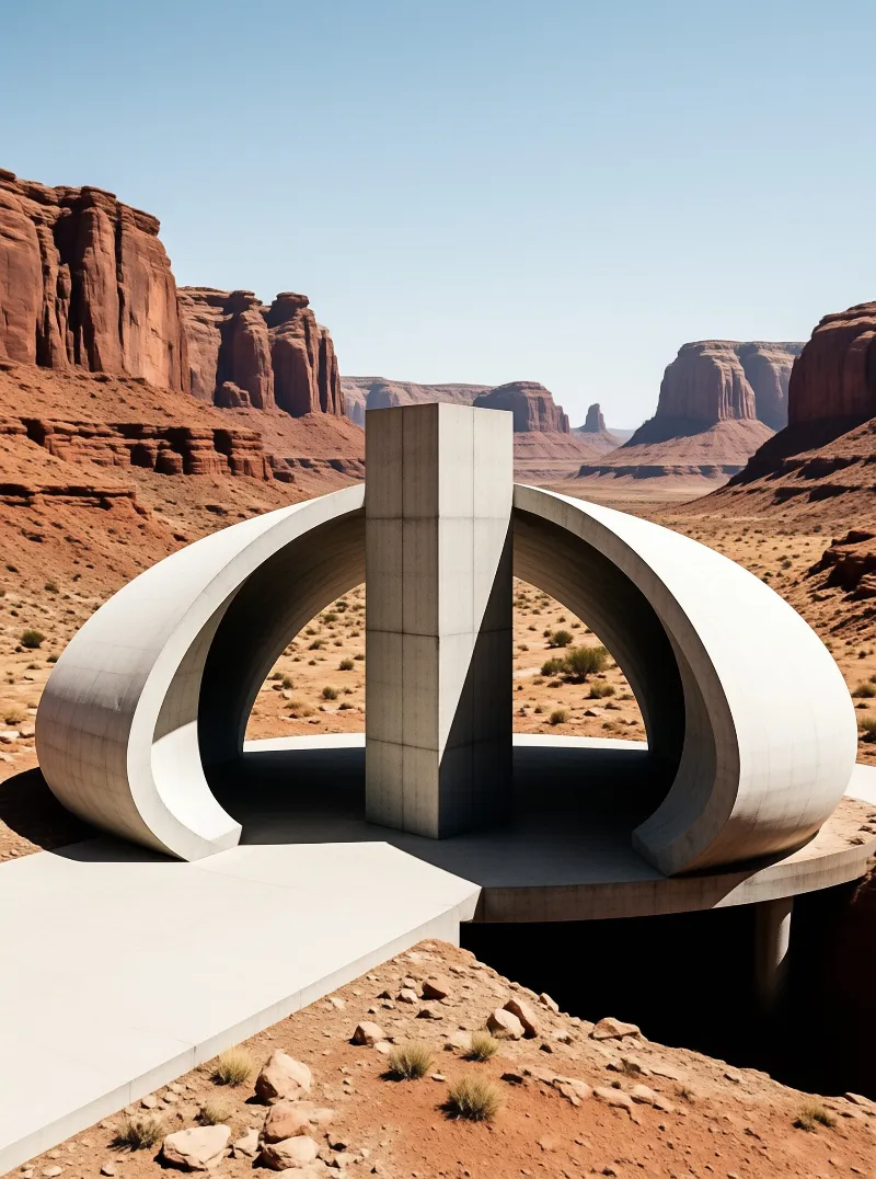 A massive arched portal of pale concrete stands among desert buttes, framing the canyon beyond.