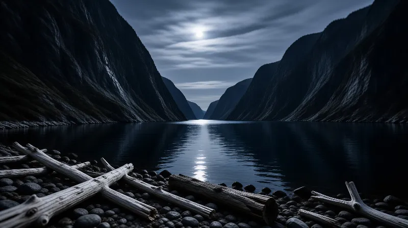 Driftwood lies on a pebbled shore before a dark fjord, sunlight reflects on the still water between steep overcast mountains.