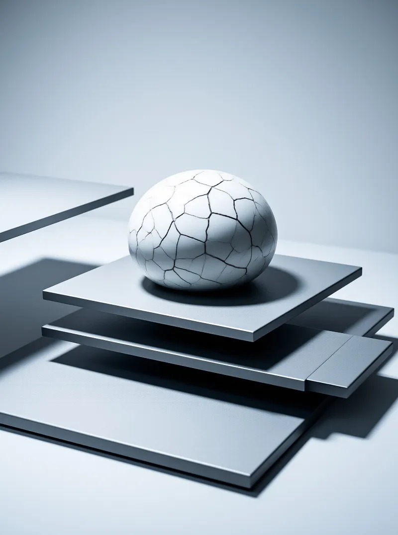 A white sphere laced with fine cracks sits on a stack of matte grey slabs in cool studio light.