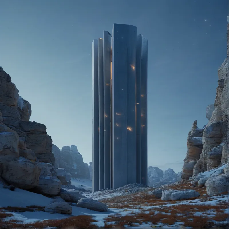 A tall vertical structure with glowing lights rises from a snowy valley flanked by rocky cliffs under a pale blue sky.
