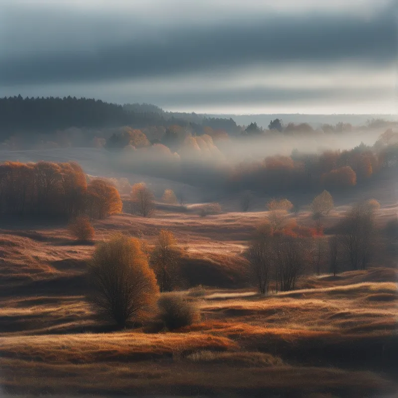 Expansive terrain covered in dry vegetation and scattered trees shrouded by low fog beneath a dark sky.
