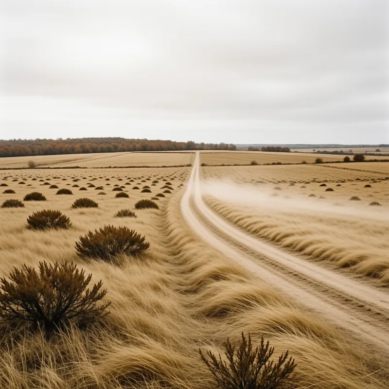 Two pale ruts run straight to the horizon across dry grass and low shrubs, with dust lifting sideways in the strong wind.
