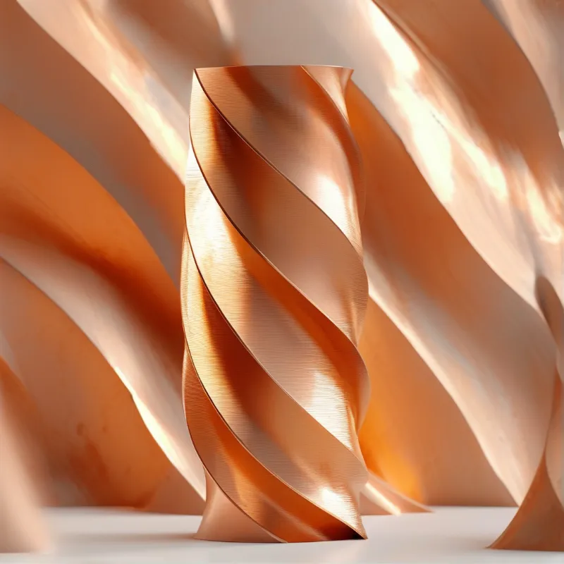 A helix of brushed copper ribbons spirals upward, catching warm light against a soft peach backdrop