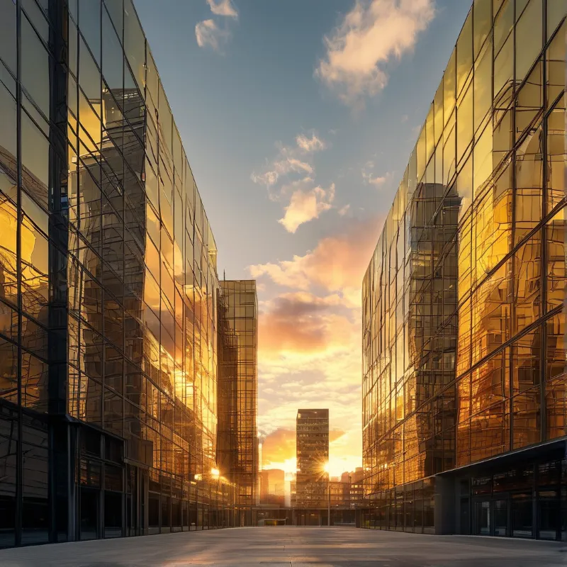 Two tall glass buildings line a wide path while reflecting the bright orange colors of a cloudy sunset sky.