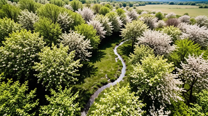 An aerial view of a narrow stream curving through a green meadow corridor bordered by white flowering and fresh lime trees.