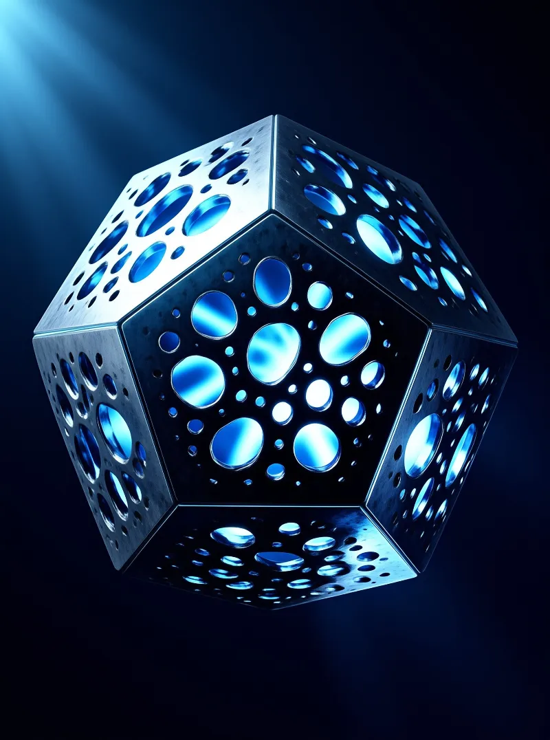 A metallic box featuring numerous circular openings emits a cool blue glow against a dark void.