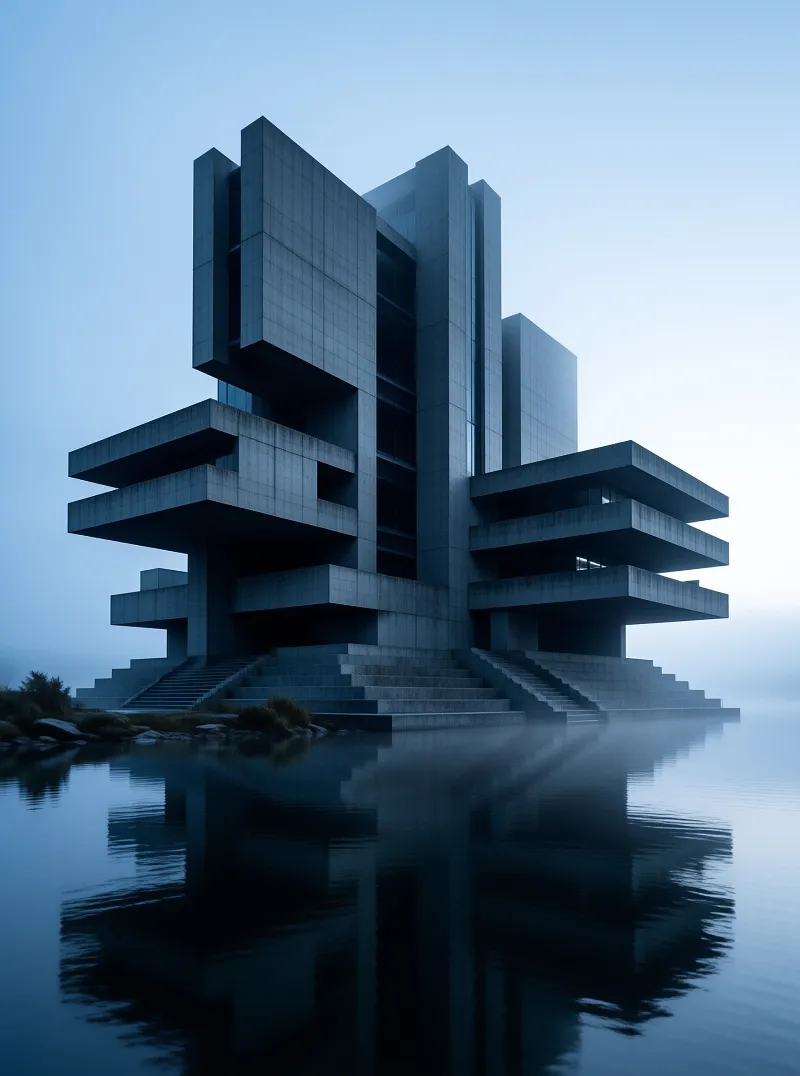 Interlocking grey slabs and wide stairways stand at the edge of glassy water, half veiled in blue fog at first light