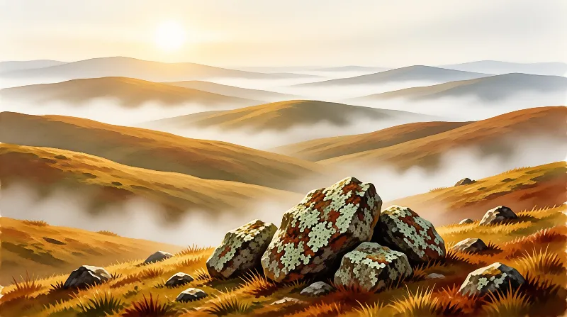 Weathered boulders covered in lichen rest on a grassy slope overlooking a valley of rolling hills shrouded in white mist.