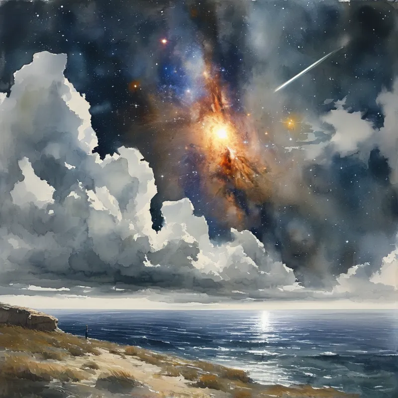 Loose painted cloud parts over a dark sea and grassy headland, revealing a glowing galactic core and a falling meteor.