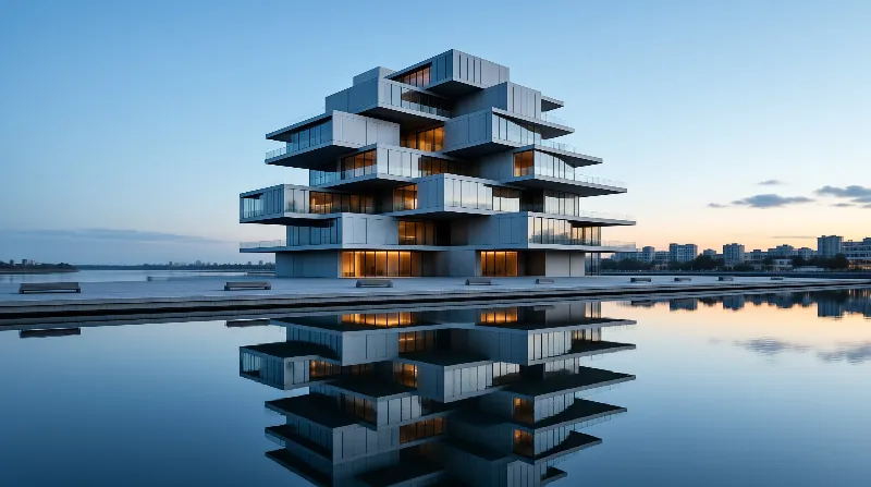 Modern building with stacked glass volumes over a reflective pool at dusk with warm lights