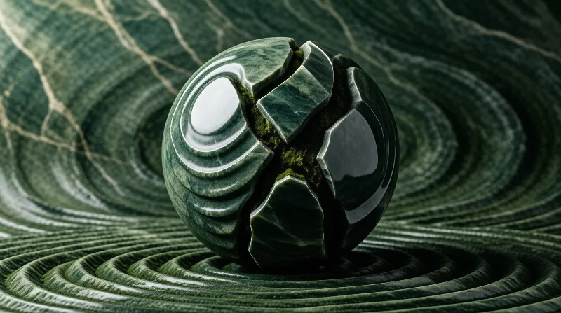 A glossy green marble orb with a jagged fracture rests upon concentric rippled stone rings reflecting studio light.