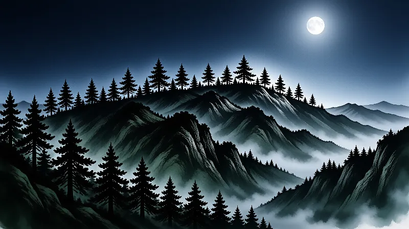 Dark pine silhouettes line layered fog-covered mountain ridges beneath a bright full moon glowing in a deep blue night sky.