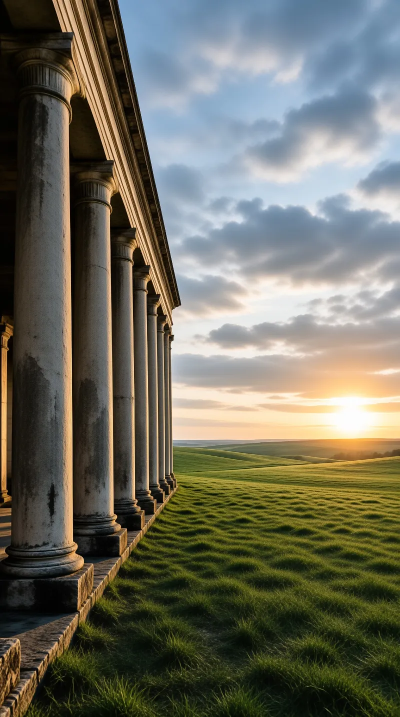 Weathered stone pillars line open green rolling hills under a cloudy sky warmed by low sunset light.