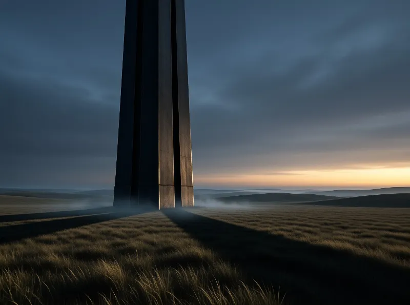 A massive dark structure stands on a misty plain as warm light glows on the distant horizon under a deep blue sky.