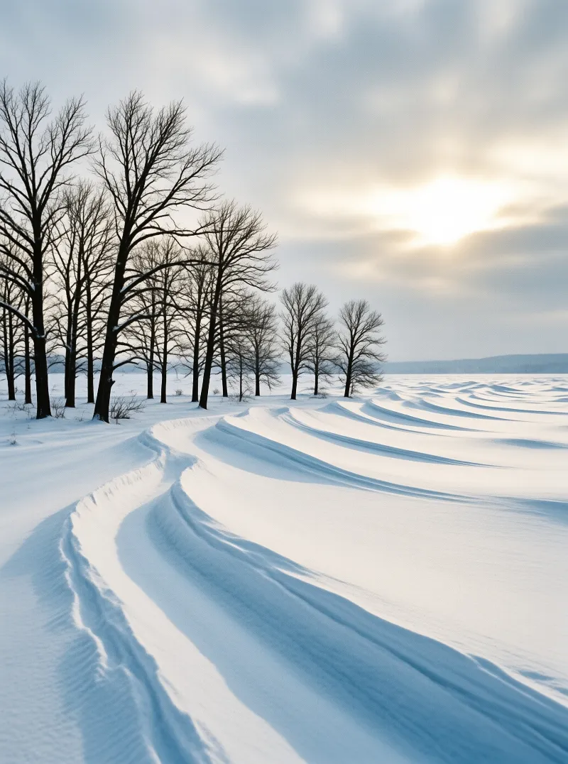 A row of leafless dark trees stands beside wind-sculpted snow drifts under a bright cloudy sky.