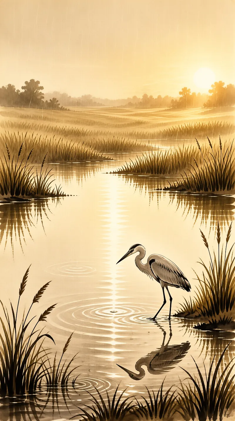 A large wading bird stands in shallow water with ripples while the sun casts a bright reflection across the marsh.