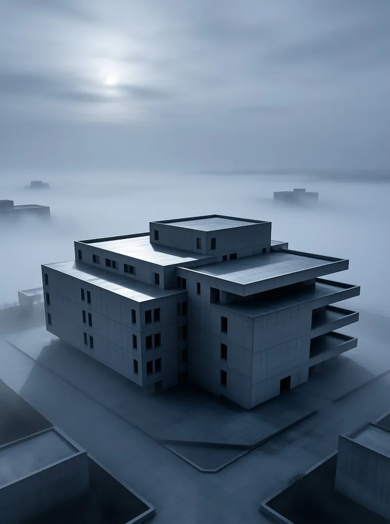 Modern concrete building with flat roofs stands in dense fog under a hazy sky with the sun faintly visible.