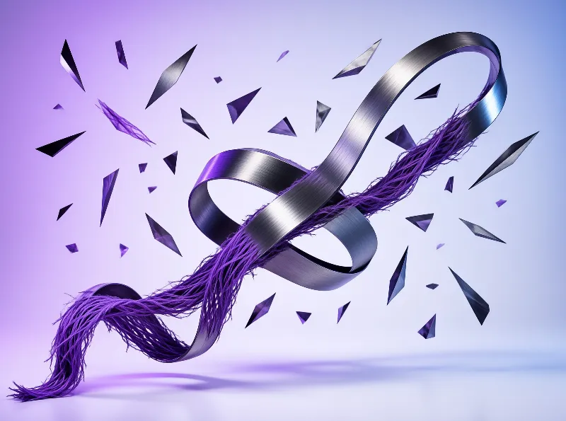 A twisted metallic ribbon winds through floating purple crystals against a smooth gradient background.