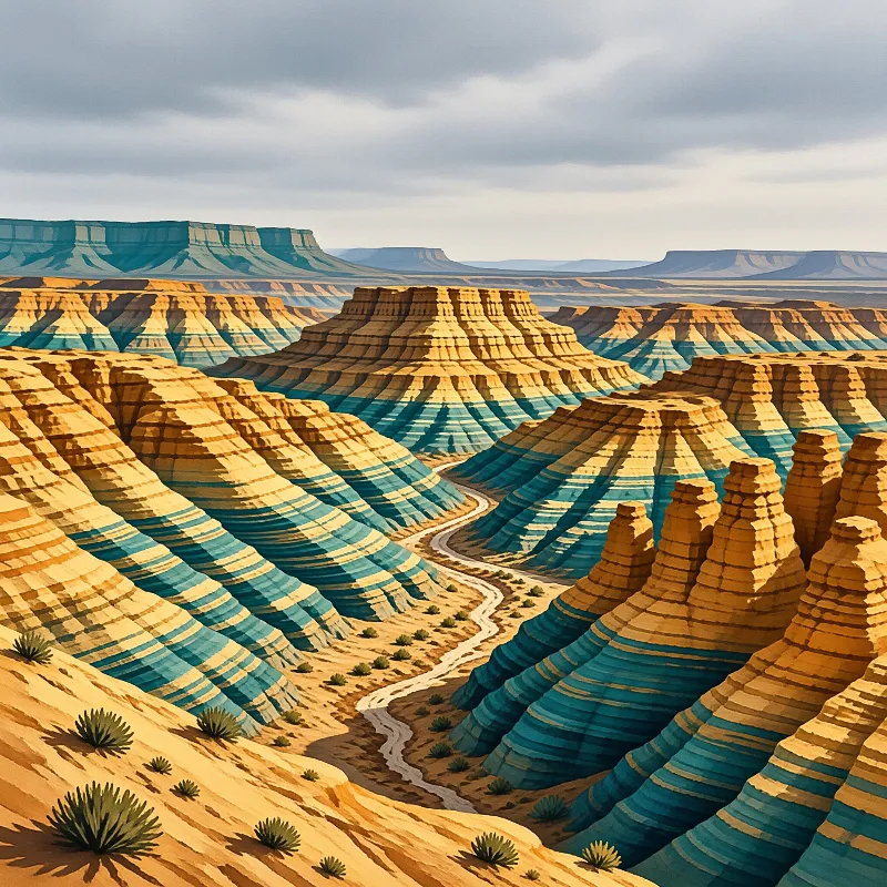 A surreal landscape featuring yellow and blue striped hills with a winding river cutting through the desert terrain.