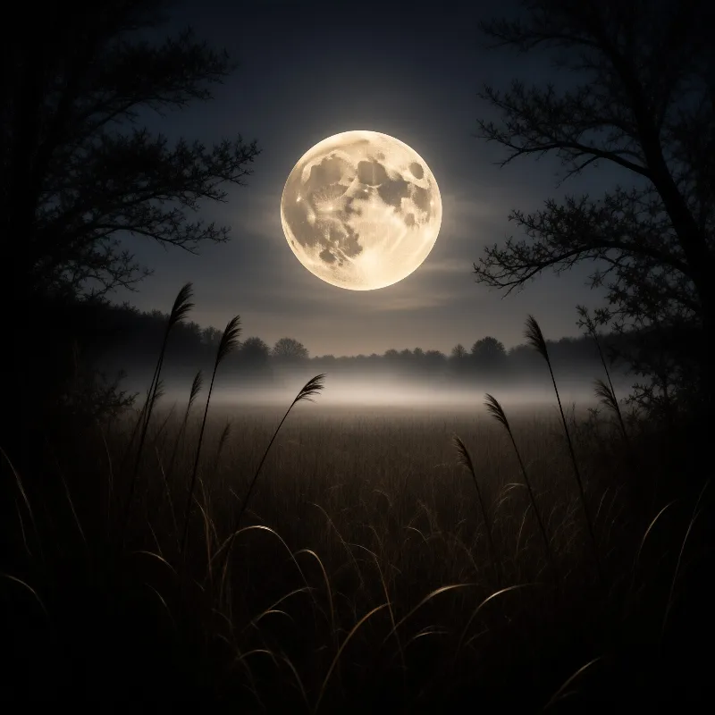 A large bright moon shines above a field of tall grass and trees under a misty night sky.