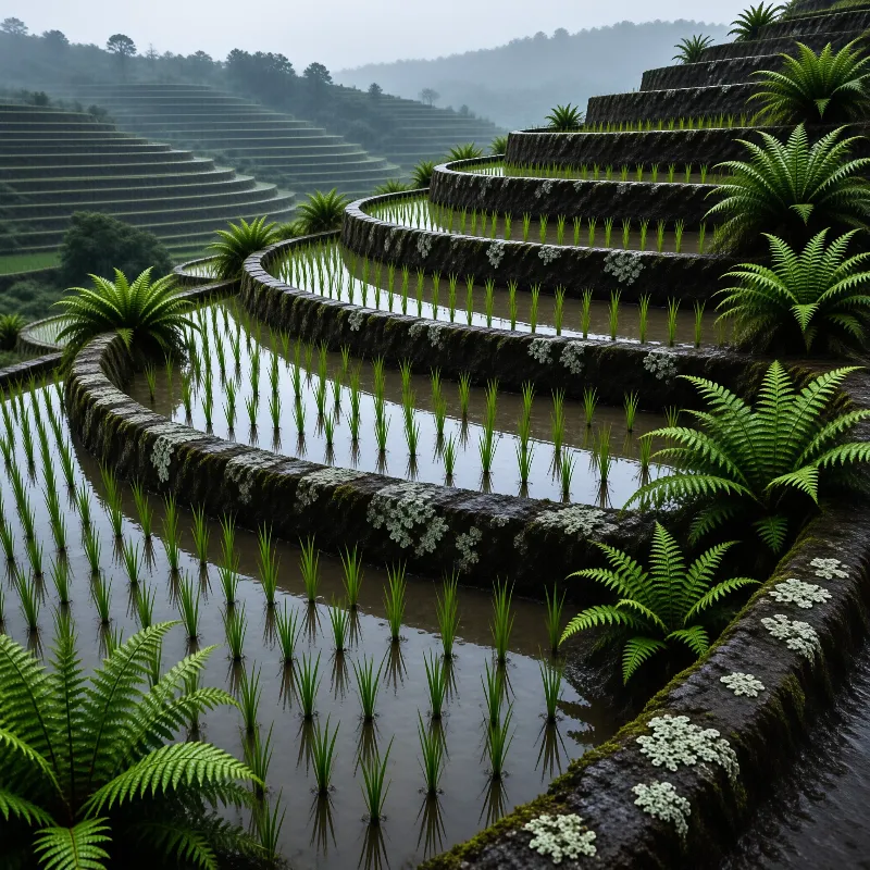Curved stone walls covered in lichen surround young rice plants in a foggy mountain landscape.