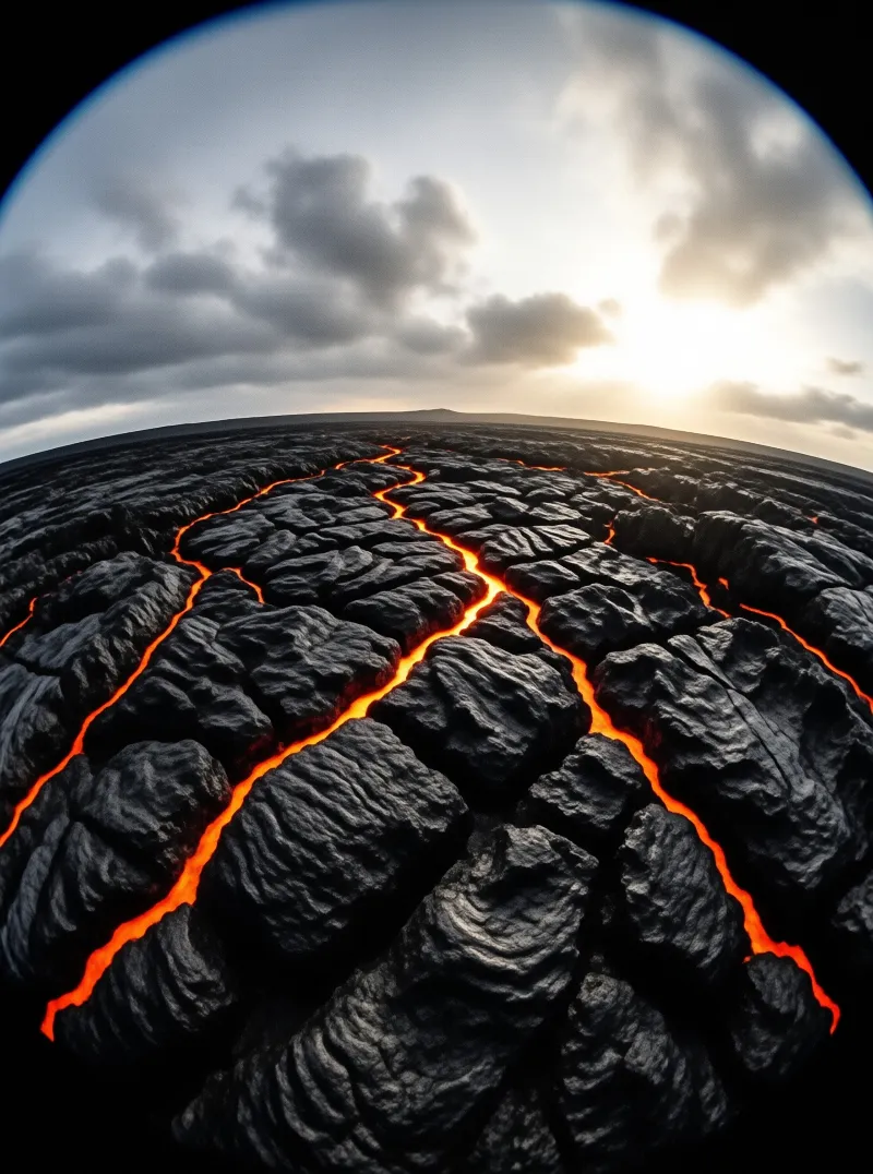 Cracked volcanic rock with bright orange lava veins stretches across a curved horizon under a cloudy sky with the sun setting.