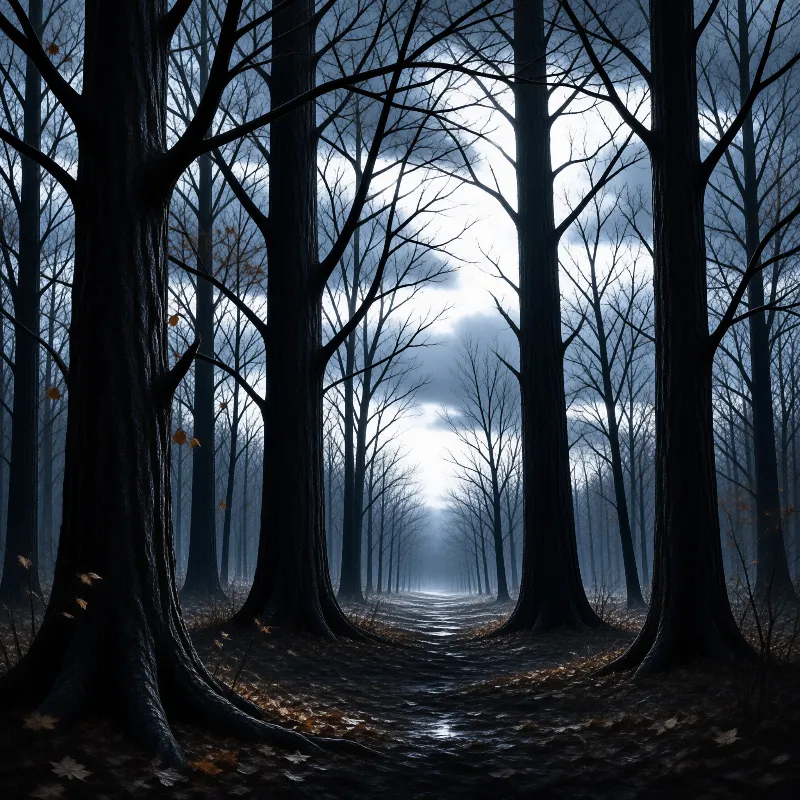 Leafless tall trees line a wet dark forest road fading into soft grey light at its far end