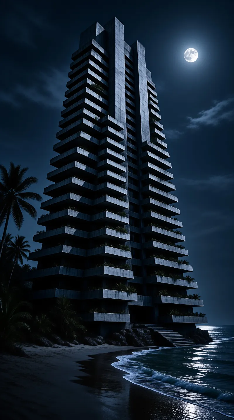 A tall tiered building stands on a sandy shoreline at night with concrete balconies casting deep shadows under the glow of a large full moon positioned high in the dark blue sky while waves lap gently against the shore near palm trees.