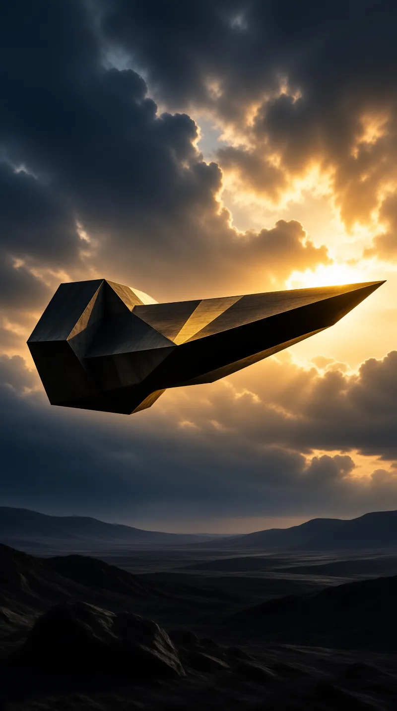 A giant paper airplane shape floats above a dark rugged terrain under a sky filled with dramatic golden sunset light.