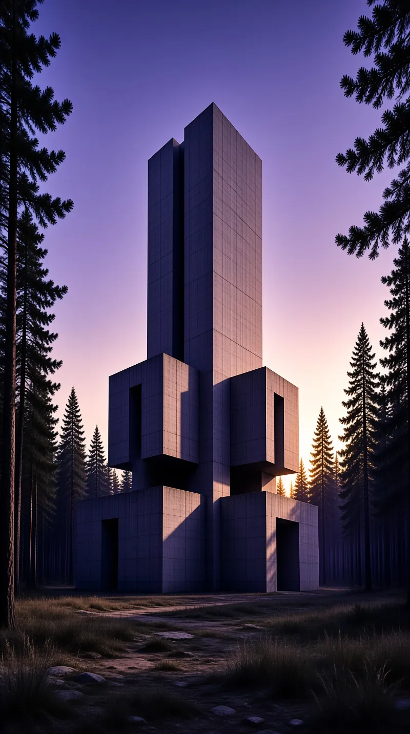 A tiered concrete structure stands within a dark pine forest as purple twilight light illuminates its geometric surfaces