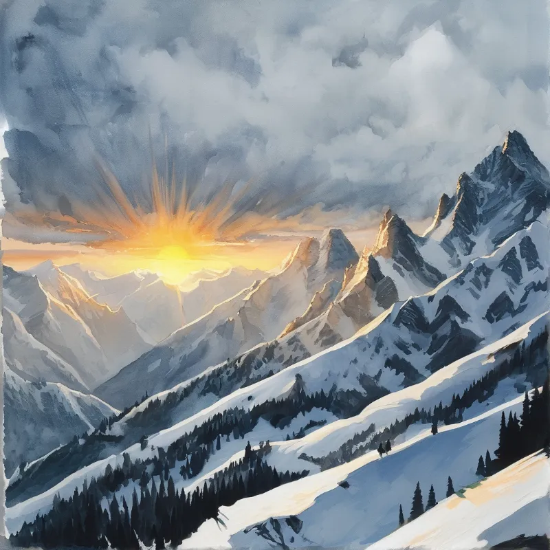 A watercolor shows snow-capped peaks glowing under sunrise light, with dark trees on lower slopes and clouds above.