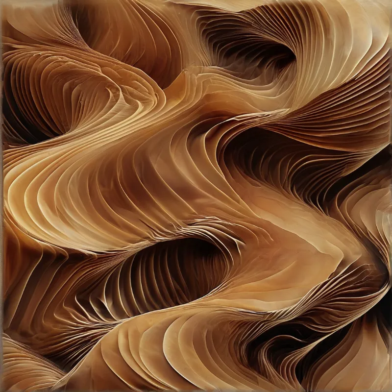 Polished walnut grain forms sweeping curves across the frame with deep shadowed hollows and glossy highlights