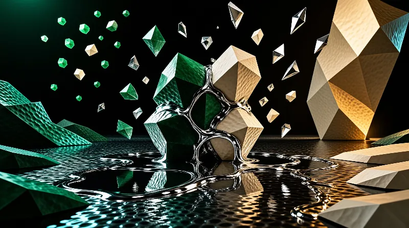 Green and gold geometric shapes float above a reflective black surface connected by chrome liquid.