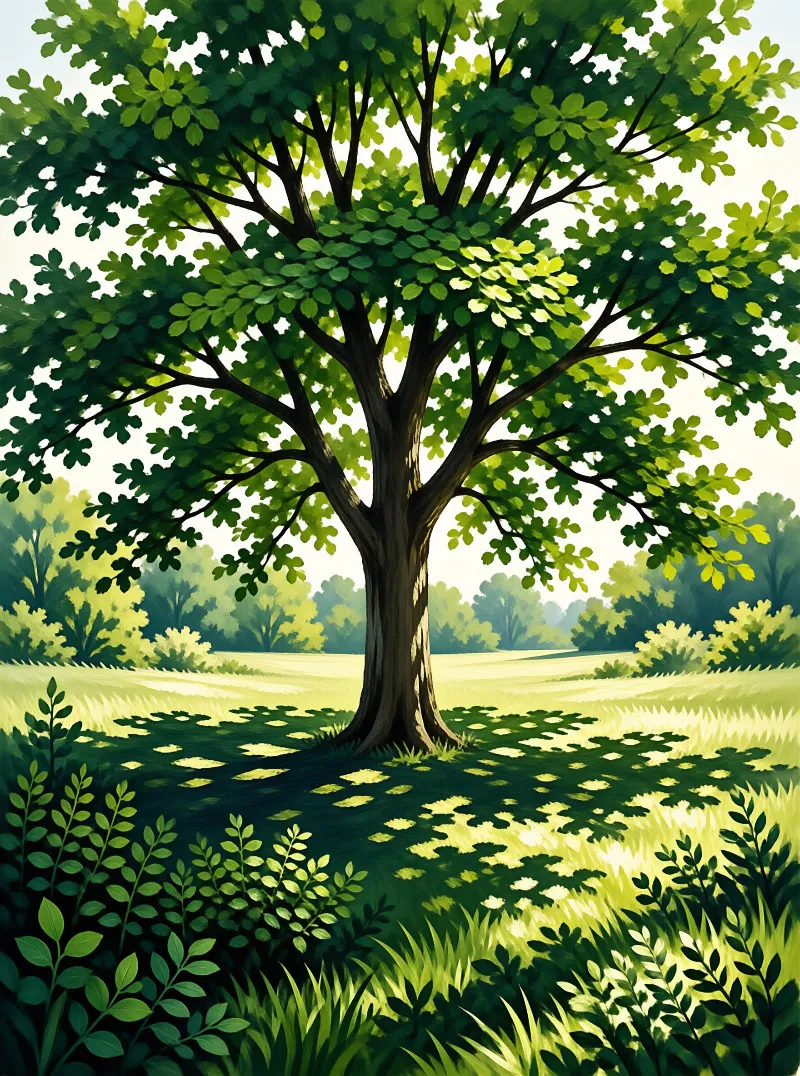 Bright sun illuminates a large tree casting shadows on a green meadow.
