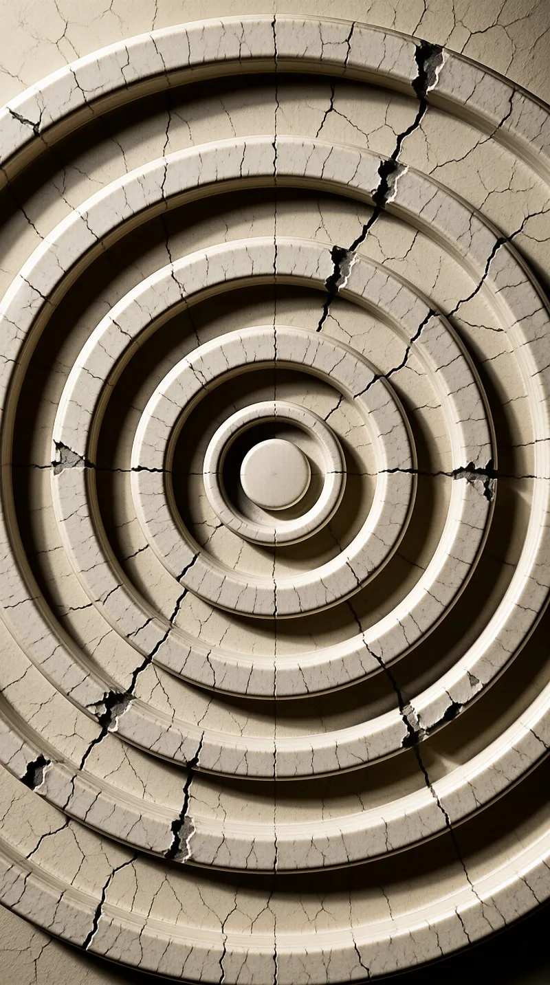 Top down view of weathered beige concrete circles with dark cracks radiating from the center to the edges