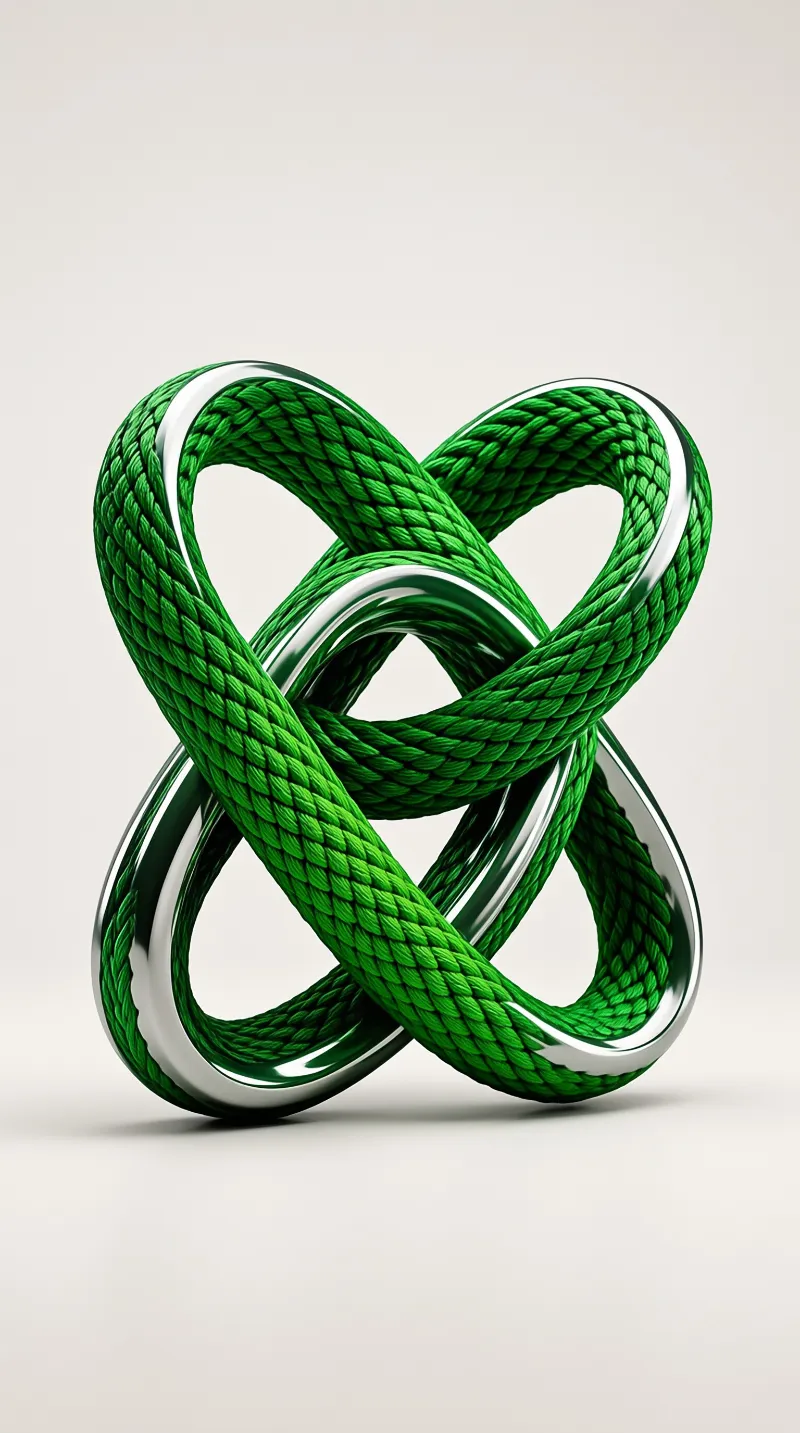 A complex green braided rope forms a knot with shiny silver edges against a plain light background.