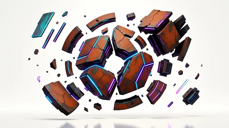 Fragments of a corroded orange sphere float apart, each slab rimmed with glowing cyan and violet light.