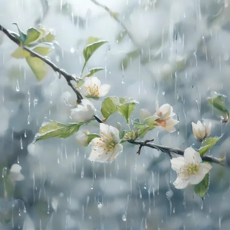 A dark branch with white flowers and green leaves stands in falling rain against a blurred blue background.
