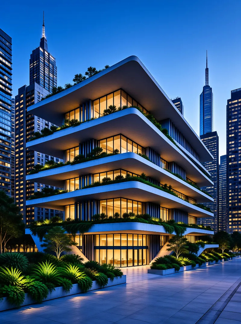 A stepped modern building with planted terraces glows warmly against a deep blue evening skyline.