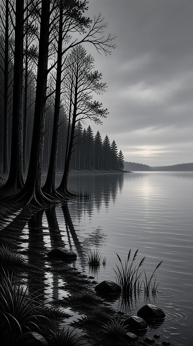 Dark trunks rise from a quiet gray shoreline where reeds and stones reflect in the glassy water.