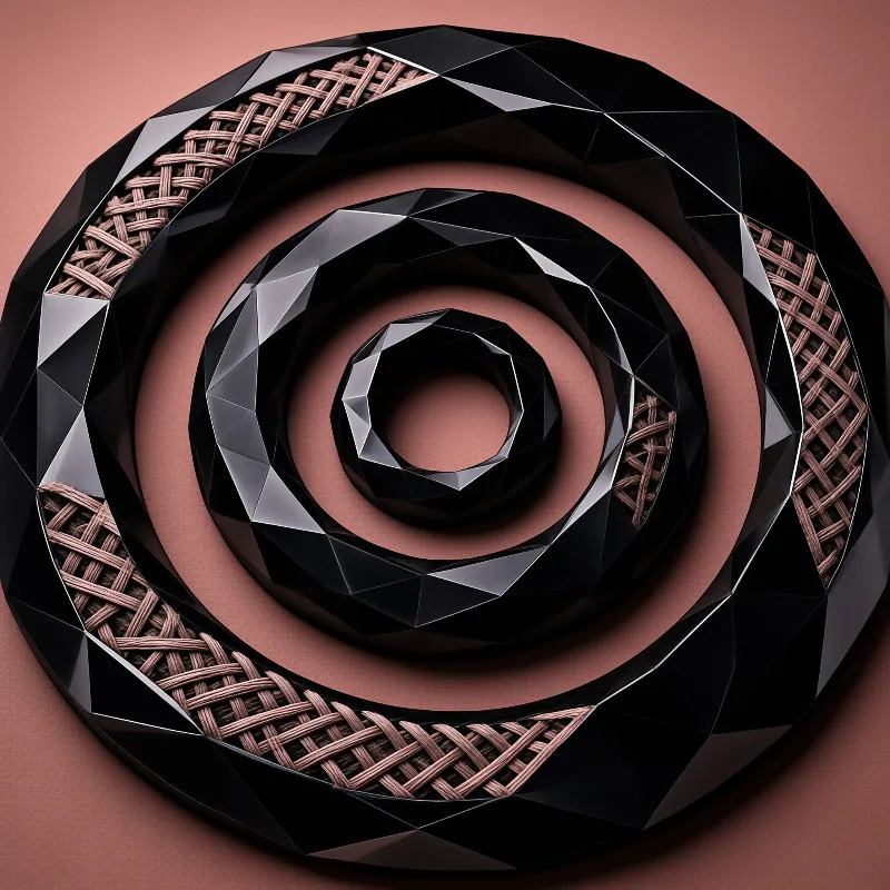 Abstract concentric design showing glossy dark bands mixed with textured metallic weaving set on a dusty rose surface.