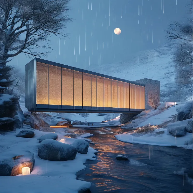 A modern rectangular building glows warmly while spanning a snow-covered stream at night under a full moon.